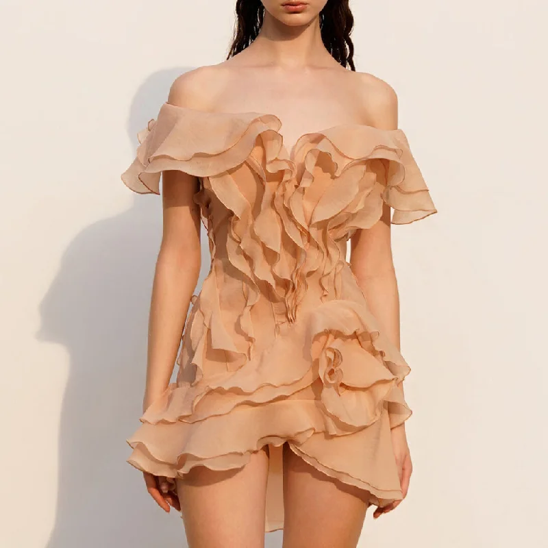 Floral midi dresses -Ethereal Chiffon Deep V Off The Shoulder Layered Ruffle Rosette Mini Dress