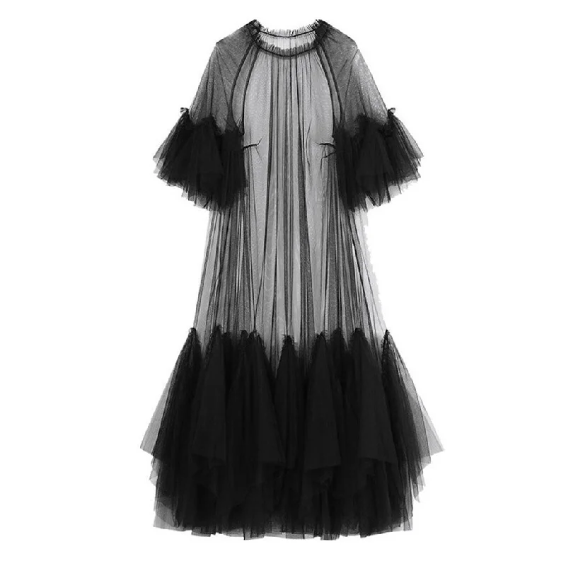 Modest wedding dresses -Ethereal Tiered Ruffle Crew Neck Short Sleeve A Line Maxi Sheer Tulle Dress