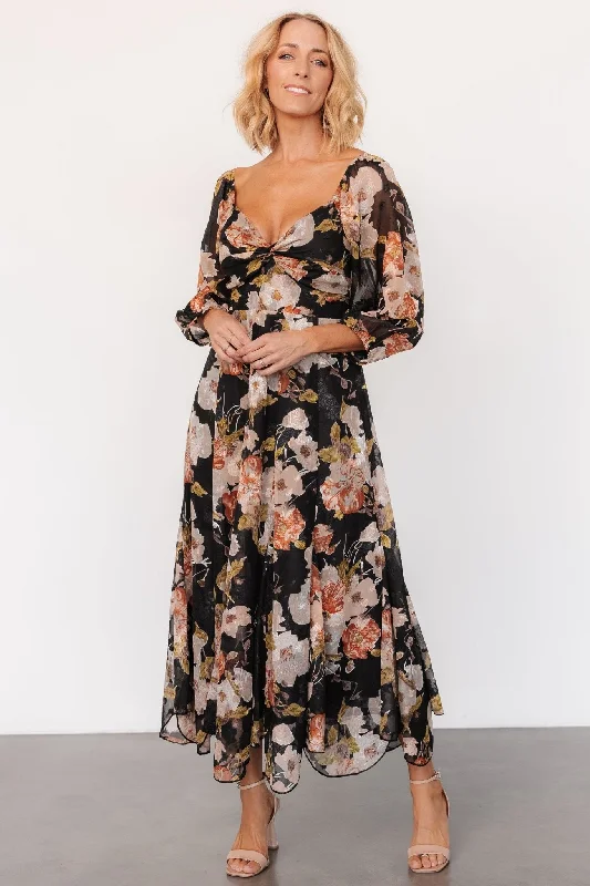 Summer formal dresses -Etta Midi Dress | Black + Peach Floral