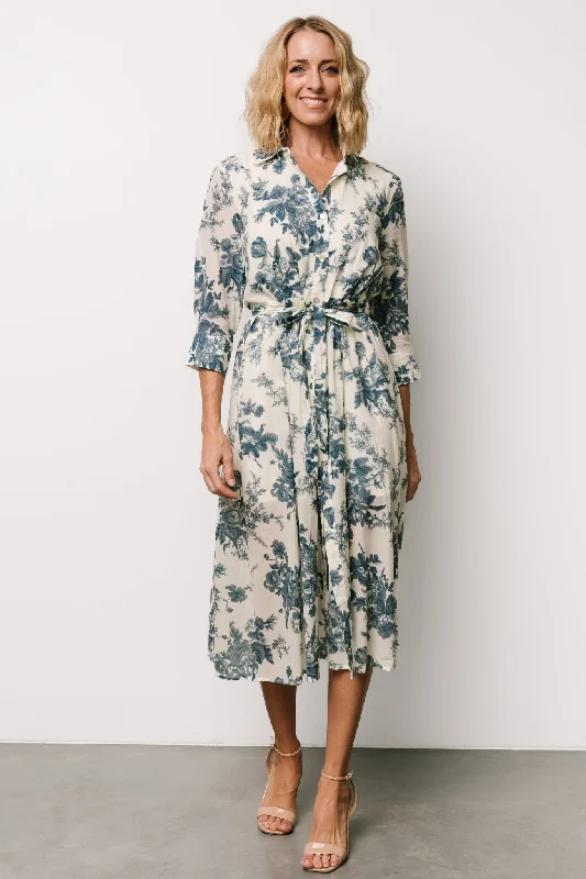 Dresses for fall holidays -Eunice Button Midi Dress | Ivory + Blue Floral