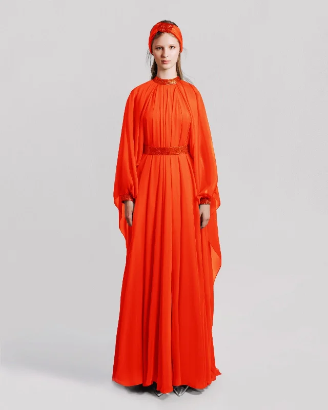 Comfortable formal dresses -Flared Orange Organza Kaftan