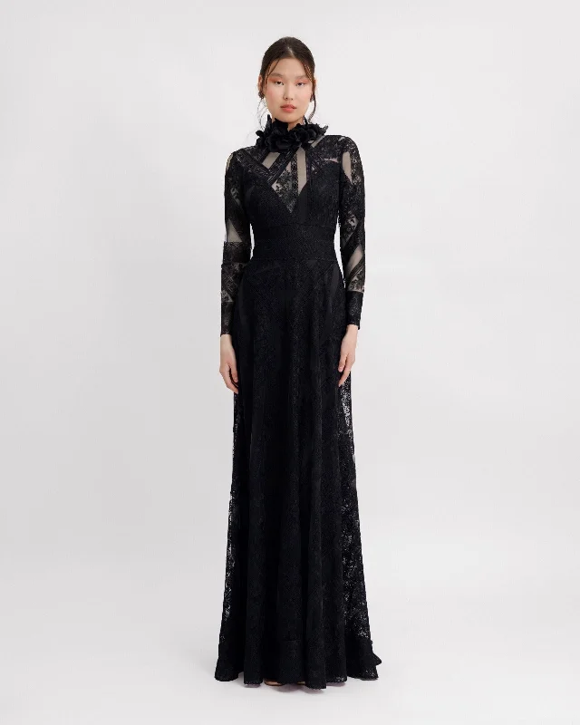 Dresses with pockets for women -Patterned Lace Long Sleeves Black Dress