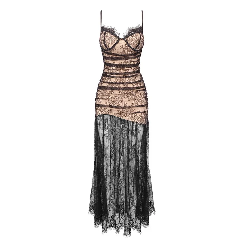 Dresses for anniversary celebrations -Exquisite Eyelash Sweetheart Ruched Drop Waist Lace Slip Maxi Evening Dress