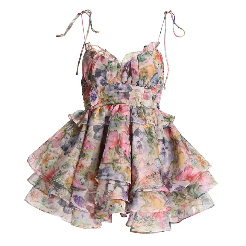 Ruffled dresses for weddings -Fairy Butterfly Print Tie Strap High Waist Ruffle Tiered Micro Mini Sundress