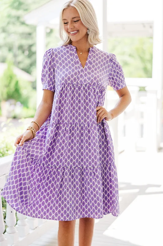 Dresses with embroidery -Fast Learner Purple Lattice Print Midi Dress