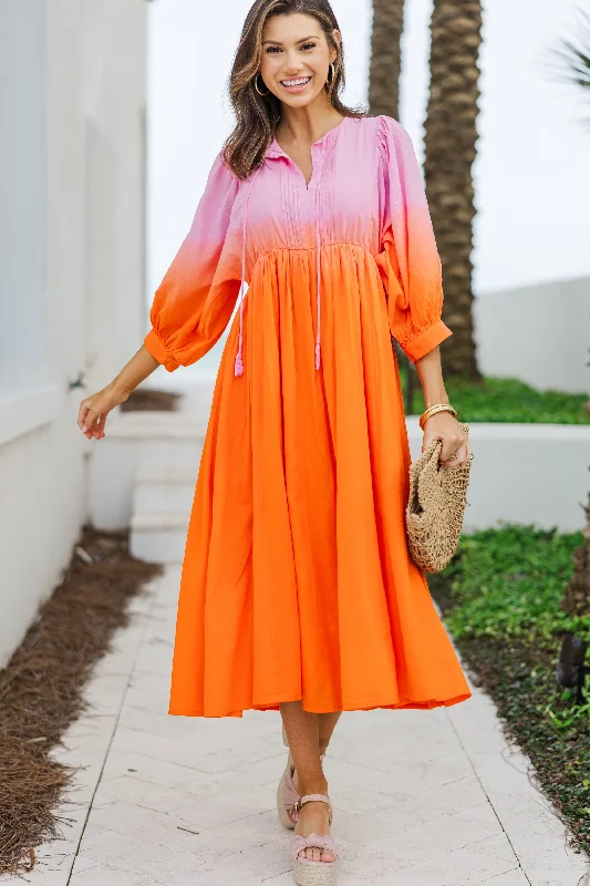 Comfortable maxi dresses -Fate: Living The Life Pink Orange Ombre Midi Dress