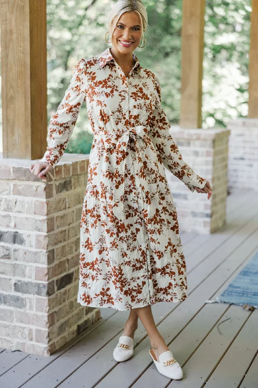 Party dresses with floral prints -Fate: On Call Ivory/Brown Floral Midi Dress