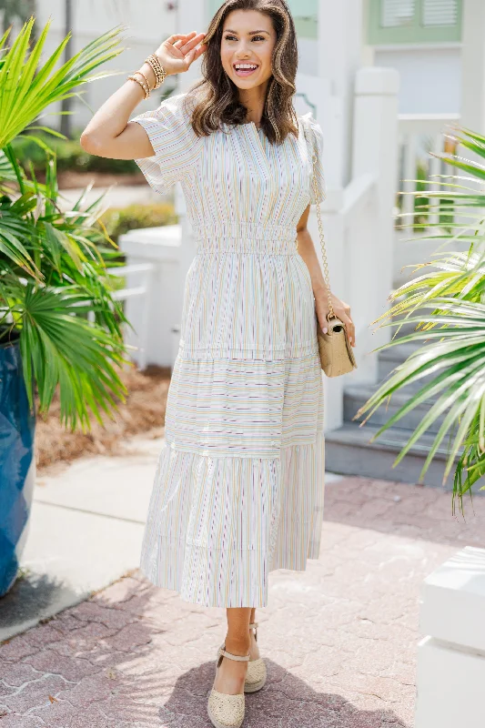 Sweetheart neckline dresses -Fate: Stay Where You Are Cream White Striped Midi Dress