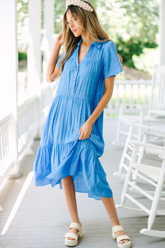 Pleated chiffon dresses -Feel Your Best Crystal Blue Tiered Midi Dress