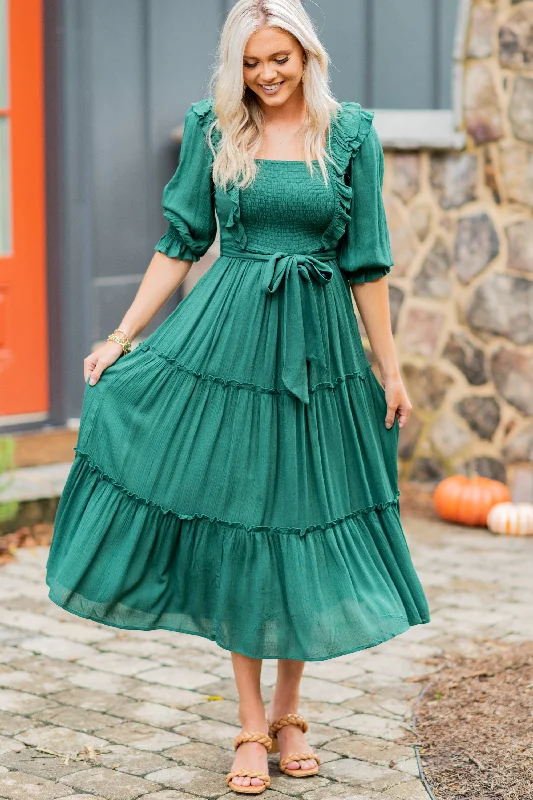 Casual maxi dresses for beach -Feel Your Love Hunter Green Ruffled Midi Dress