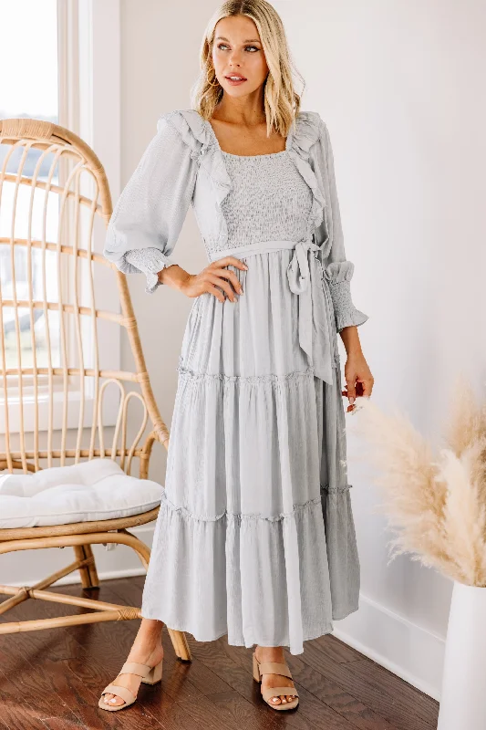 Casual summer sundresses -Feel Your Love Light Gray Ruffled Midi Dress