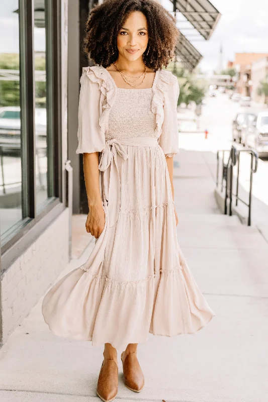 Off-shoulder dresses for events -Feel Your Love Sand Brown Ruffled Midi Dress