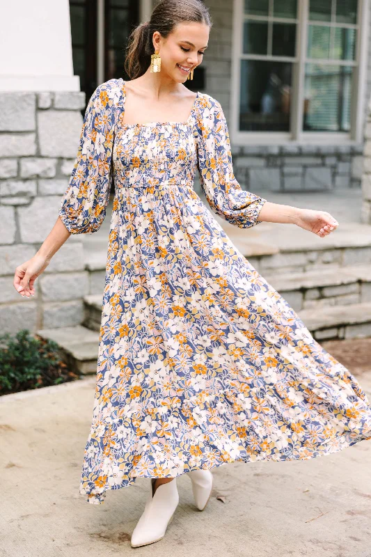 Elegant casual dresses -Feeling Connected Blue Floral Midi Dress