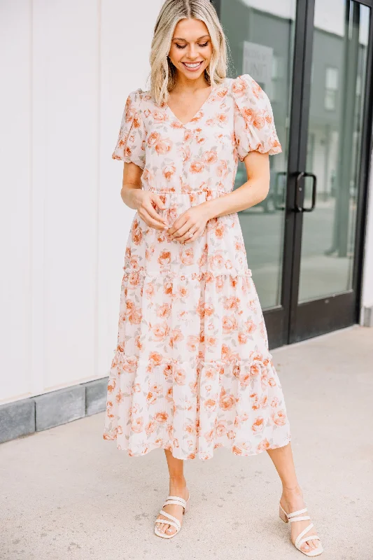 Elegant dinner dresses -Feeling Present Dusty Orange Floral Midi Dress