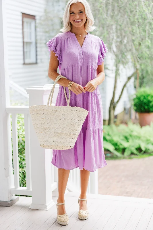 Dresses for elegant parties -Feeling The Joy Lavender Purple Eyelet Midi Dress