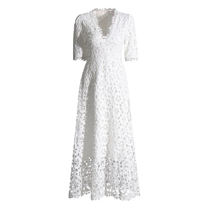 Boho chic summer dresses -Feminine Lace Trim V Neck Half Sleeve Broderie Anglaise Fit and Flare Maxi Dress