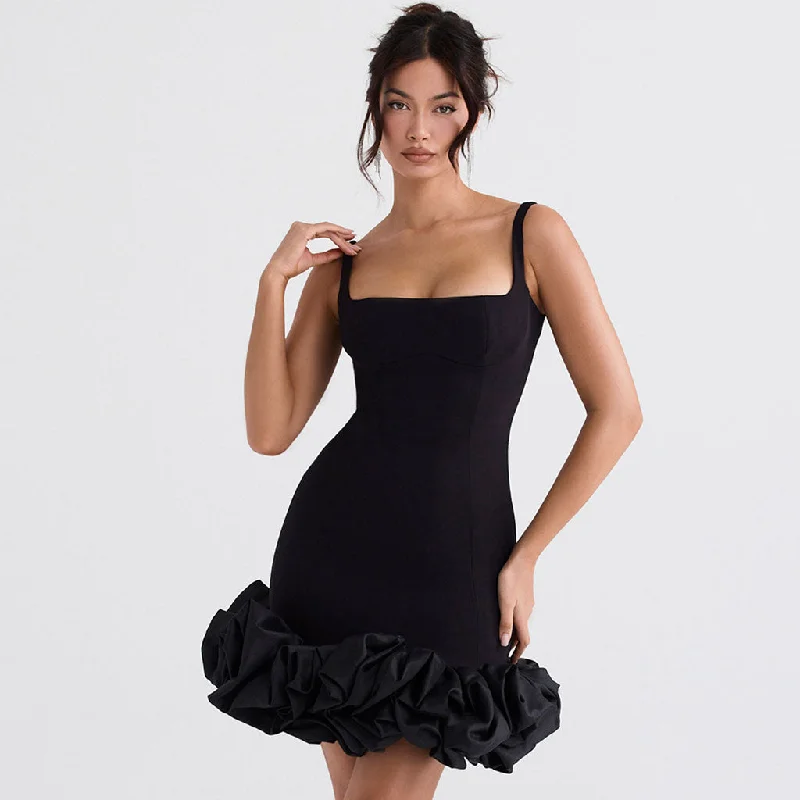 Wedding dresses with sleeves -Feminine Ruffled Trim Square Neck Suspender Strap Bodycon Mini Dress - Black