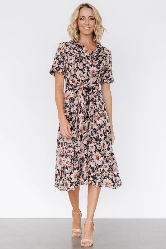 Cotton dresses for women -Feya Button Midi Dress | Black + Mauve Floral