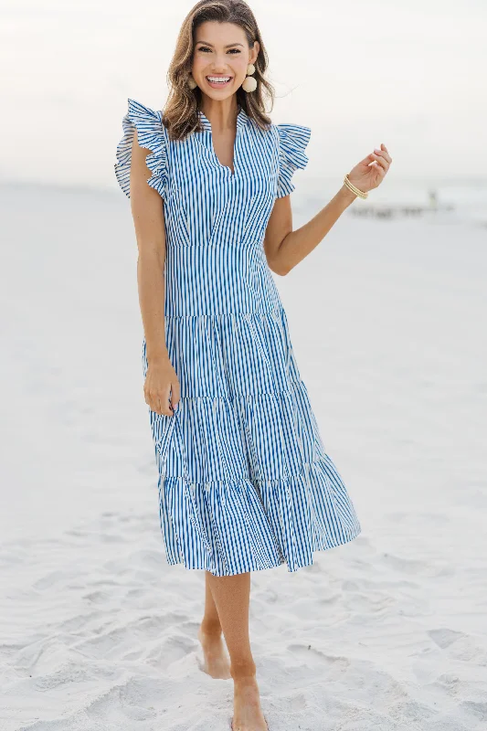 A-line casual dresses -First In Line Blue Striped Midi Dress