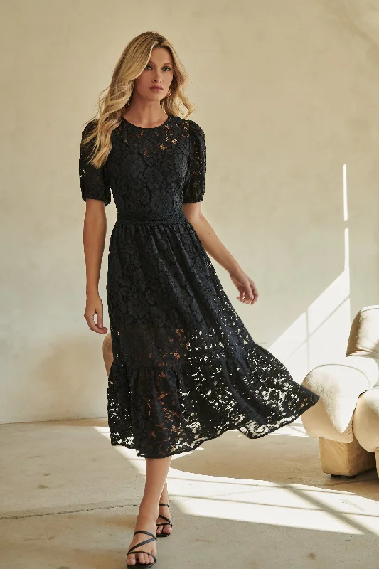 Satin casual dresses -Fleur de Lis Lace Midi Dress