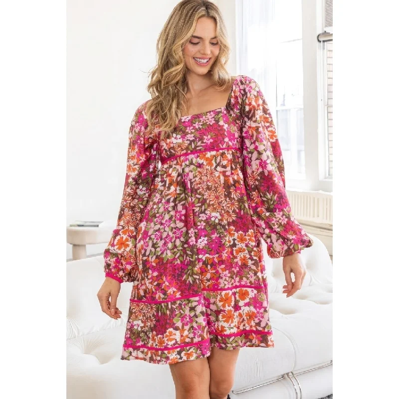 Dresses with flowy ruffled sleeves -Floral Square Neckline Mini Dress