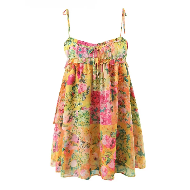 Flowy dresses for women -Flowy Boho Print Bow Tie Strap Tiered Chiffon Ruffled Babydoll Mini Sundres