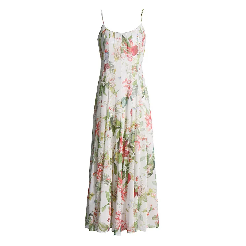 Dresses with floral lace -Flowy Floral Print Scoop Neck Cami Chiffon Pleated Vacation Maxi Sundress