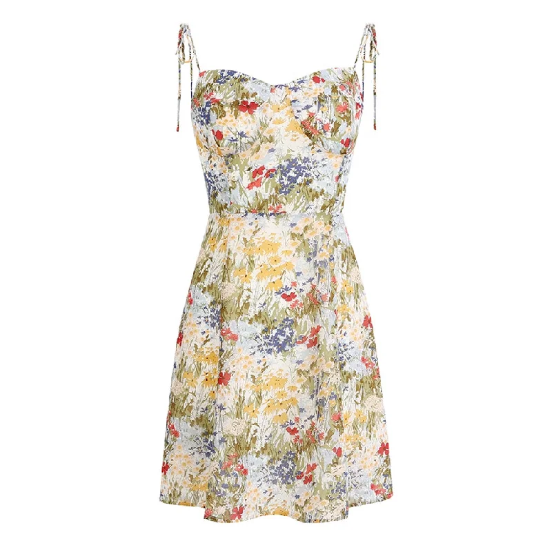 Lightweight summer dresses -Flowy Sweetheart Neck Tie Strap Sleeveless Chiffon Mini Floral Print Sundress