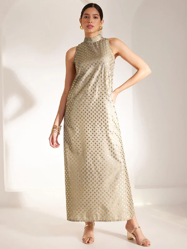 Dresses for black tie events -Foil Print High Neck Dress - Beige And Gold