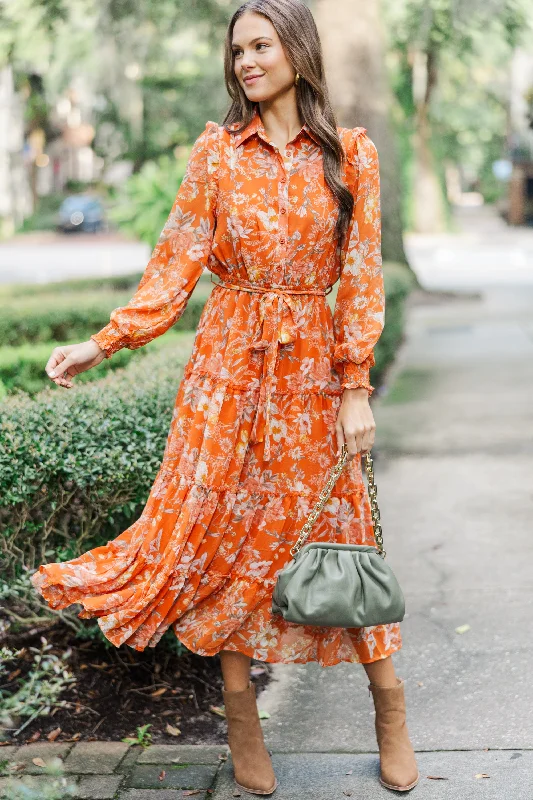 Dresses for holiday events -Found The One Rust Orange Floral Midi Dress