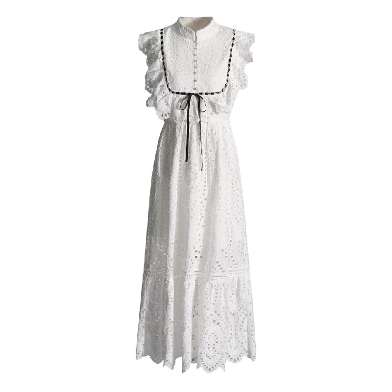 Dresses for summer evenings -French Style Mock Neck Ruffle Bow Tie Broderie Anglaise Sleeveless Maxi Dress