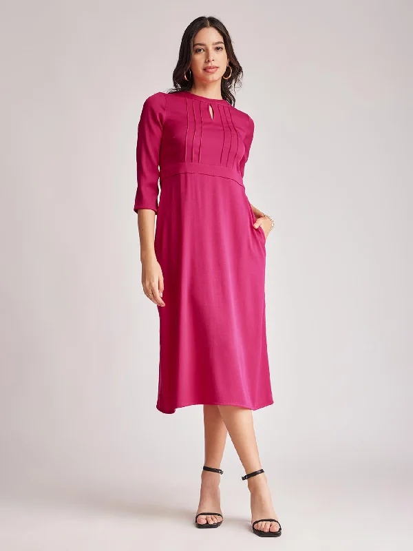 Casual summer sundresses -Front Keyhole Dress - Fuchsia