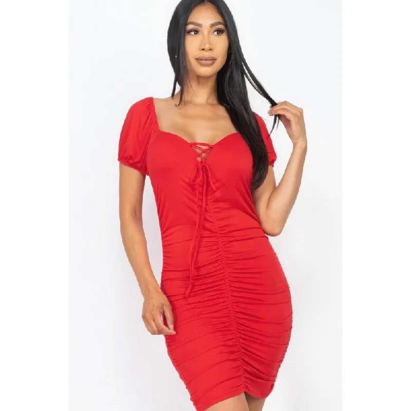 Flowy summer dresses -Front Lace Up Lightweight Ruched Mini Dress Perfect for Day-to-Night Wear