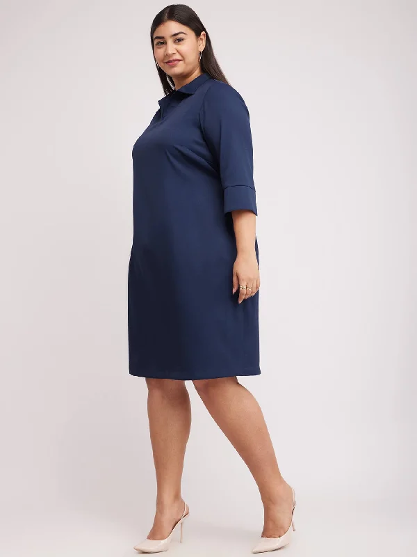 Sleeveless dresses with prints -Collared Shift Dress - Navy Blue