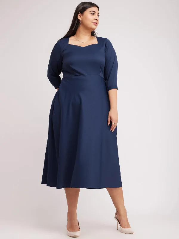 Dresses for elegant family dinners -Fit And Flare Dress - Navy Blue