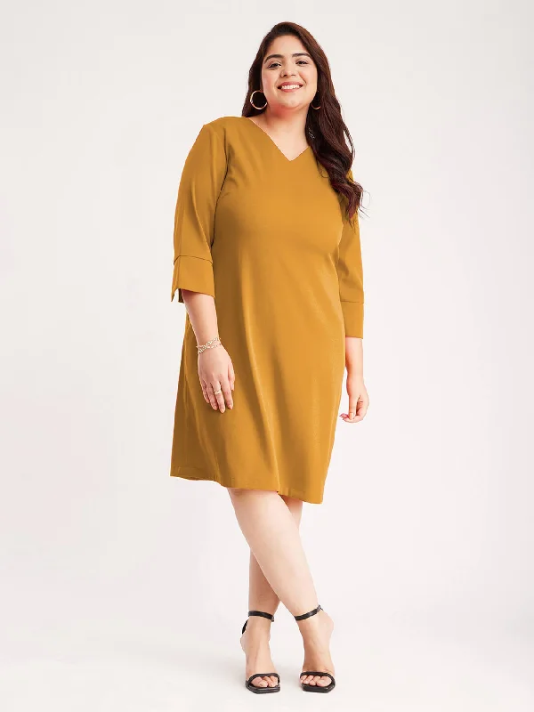 Dresses for classy dinner parties -Shift Dress With Attached Belt - Mustard