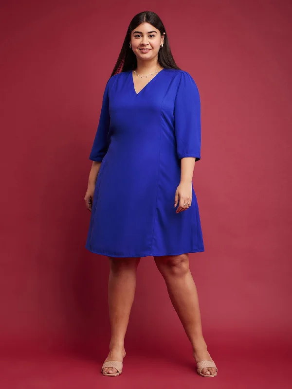 Formal dresses with pleats -Solid A-line Dress - Royal Blue