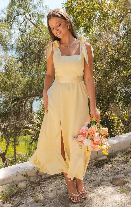 Casual party dresses -Garden Midi Dress ~ Pale Yellow Luxe Satin