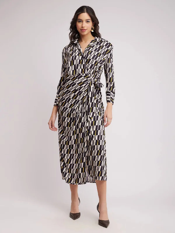 Floral prints for cocktail dresses -Geometric Wrap Dress - Black And Off White