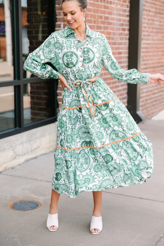 Wedding dresses with open back -Get What You Need Green Printed Midi Dress