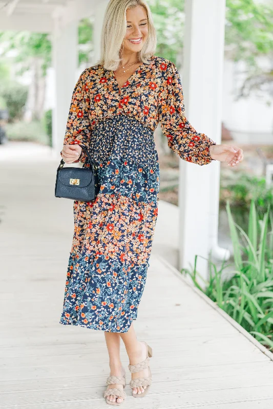 Dresses for fall weddings -Go For It Navy Blue Ditsy Floral Midi Dress