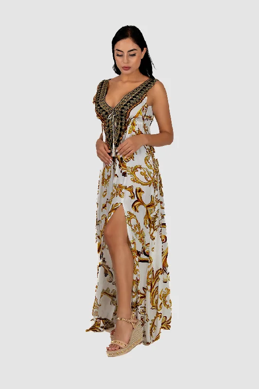 Dresses for evening outings -Baroque White Slit Maxi Dress