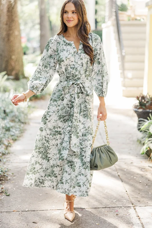 Sweet and simple dresses for women -Good Intentions Olive Green Toile Midi Dress