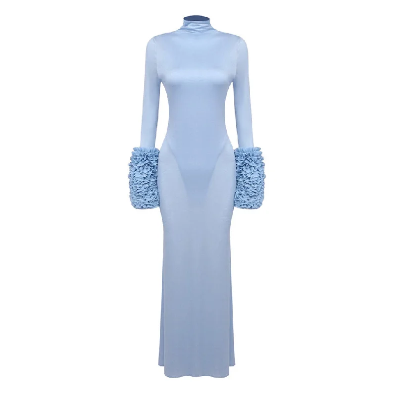 Dresses with embroidery -Gorgeous High Neck Ruffle Long Sleeve Bodysuit Mermaid Maxi Evening Dress