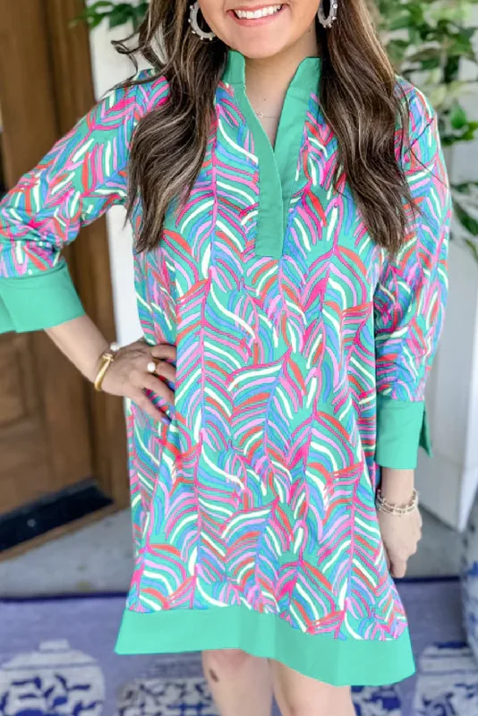 Dress for family events -Green Abstract Print Split Neck Bracelet Sleeve Shift Dress