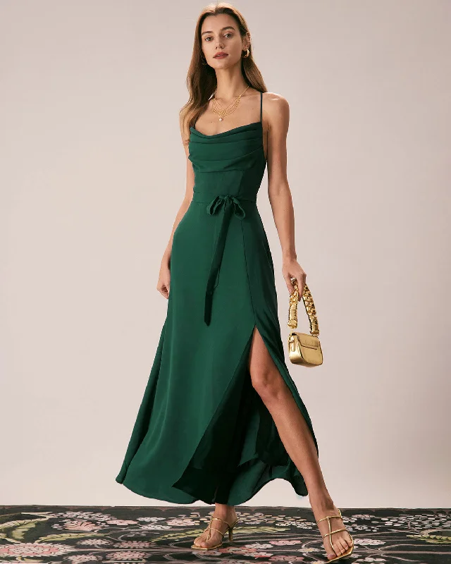 Dress for upscale dinner parties -Green Cowl Neck Cutout Back Maxi Dress