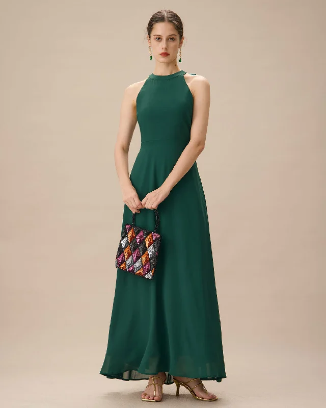 A-line dress with lace details -Green Halter Bowknot Back Maxi Dress