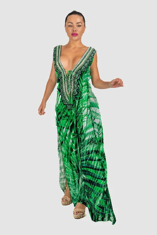 Dresses for Christmas party -Green Palm Slit Maxi Dress