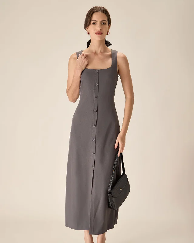 Designer party dresses for women -Grey U Neck Tie Back Sleeveless Maxi Dress