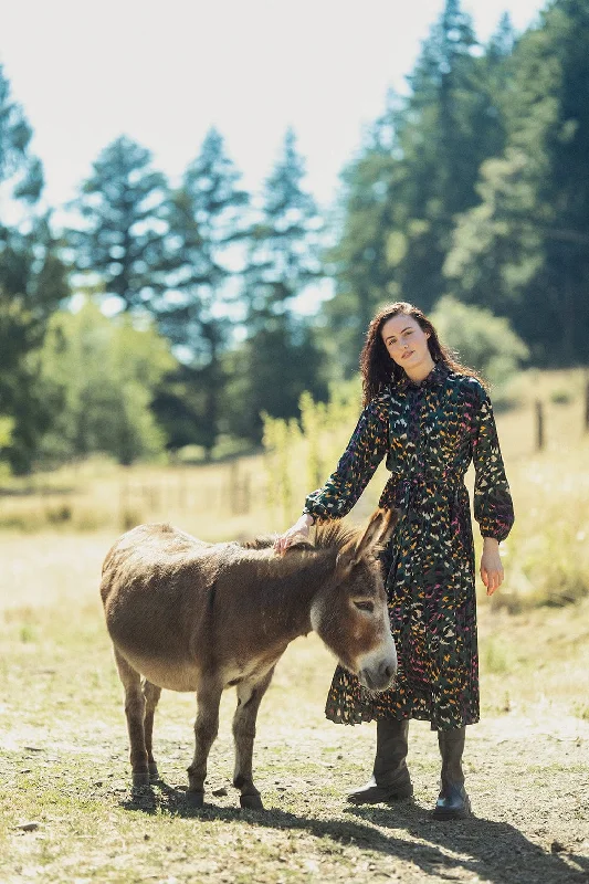 Casual dresses for women -Half Pleat Shirtdress-Green Leopard